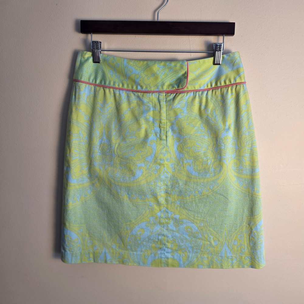 Andrea Becker Pencil Skirt Women 10 Neon Green Blue Paisley Cotton Blend